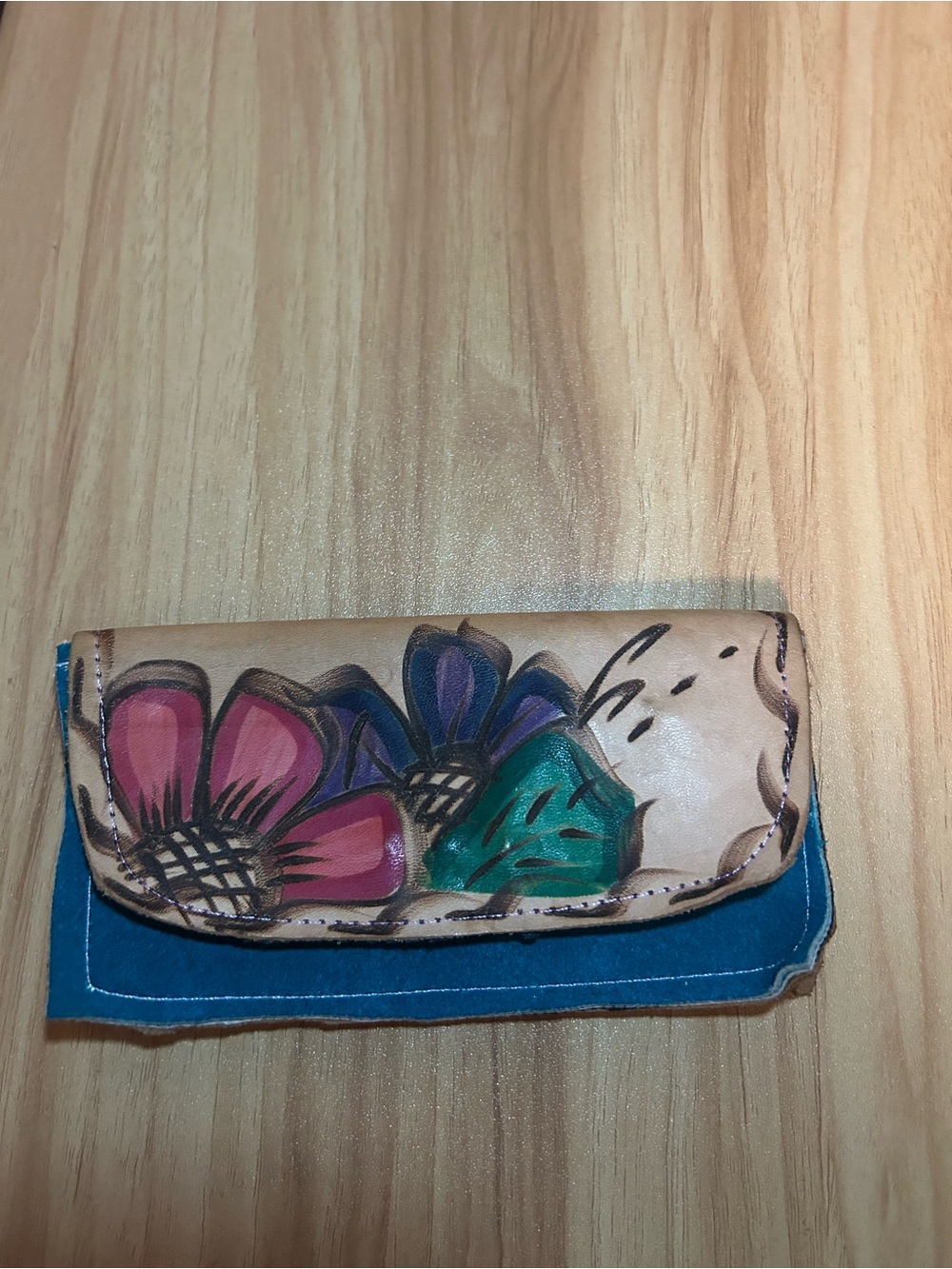 Hand-Painted Floral Leather Wallet - Pink, Purple, Teal